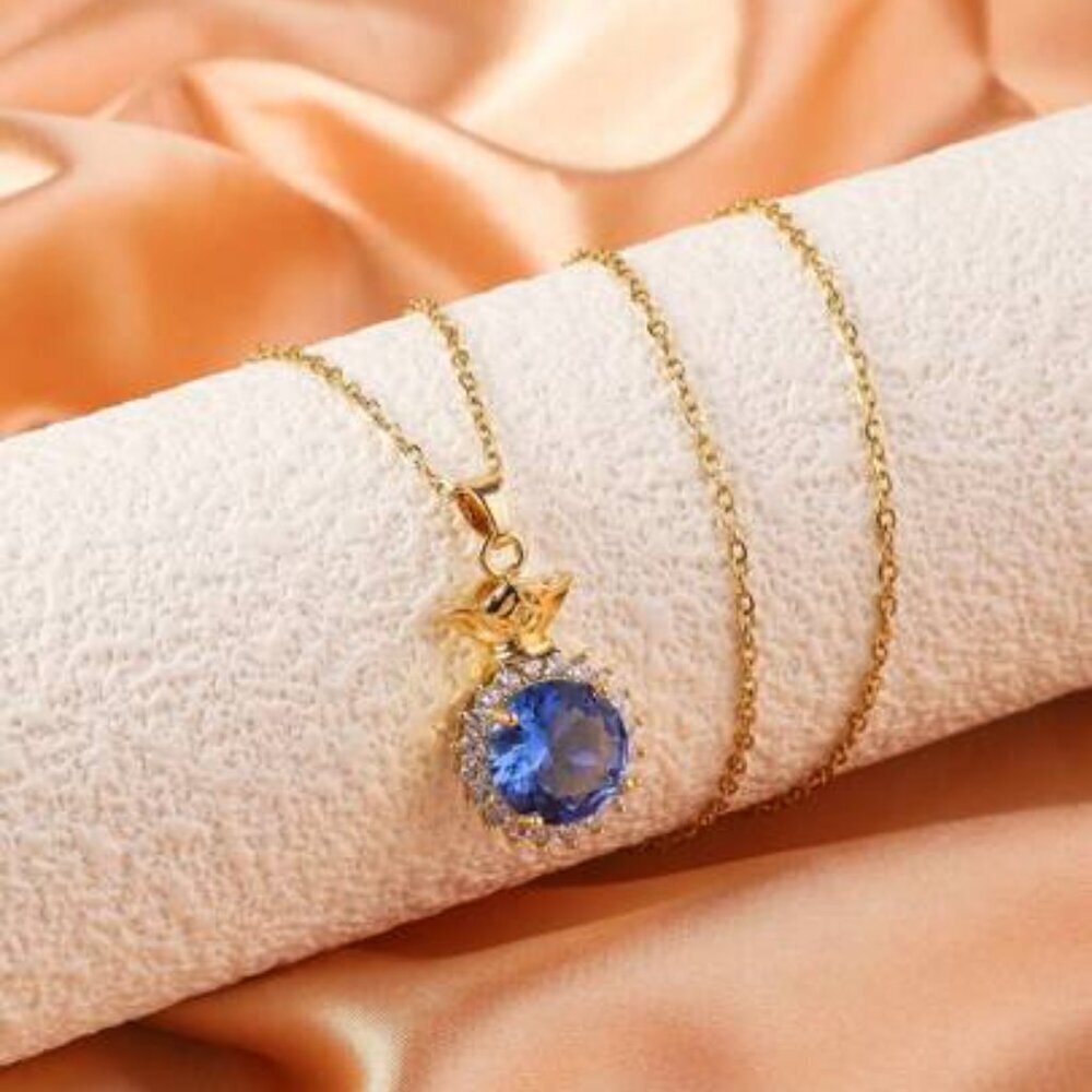 Elegant 18k Gold Filled Necklace with Blue Topaz Gemstone Pendant - - Picture 3 of 5